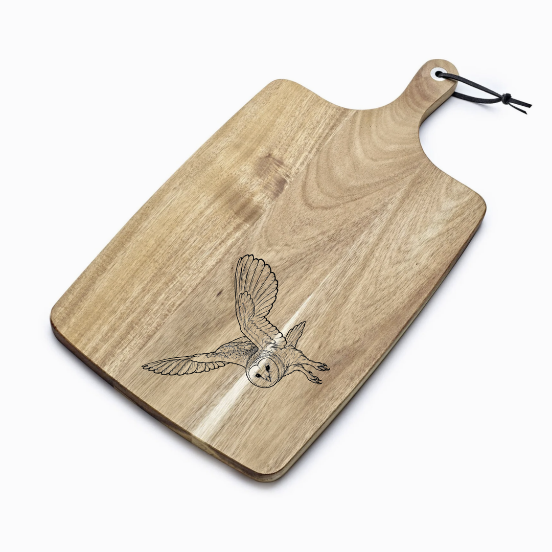 Personalised Flying Barn Owl Engraved Acacia Serving Board