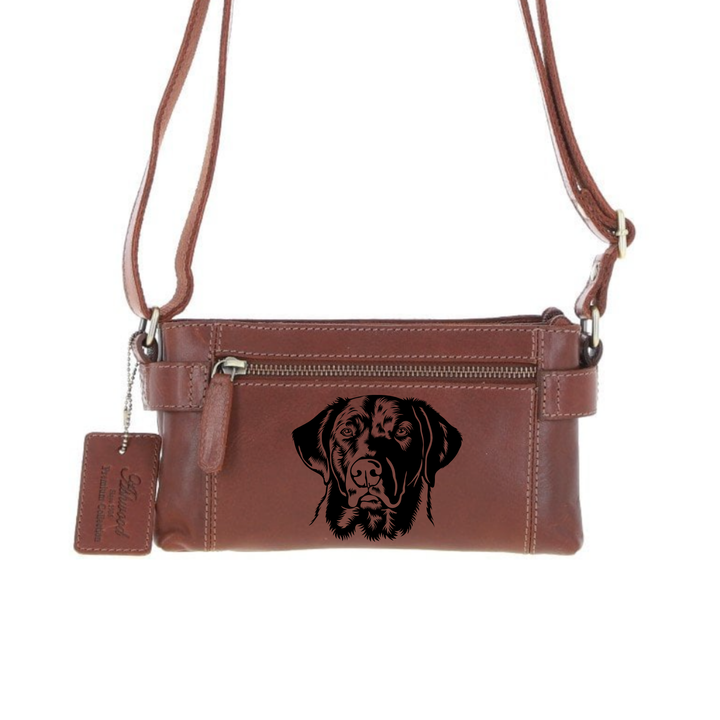 Personalised D Labrador Face Engraved Small Leather Two Section Zip Top Crossbody Bag