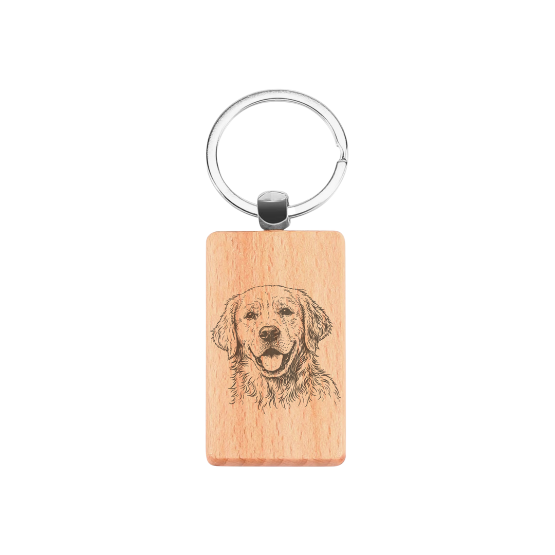 Golden Retriever Face Engraved Rectangle Wooden Keyring