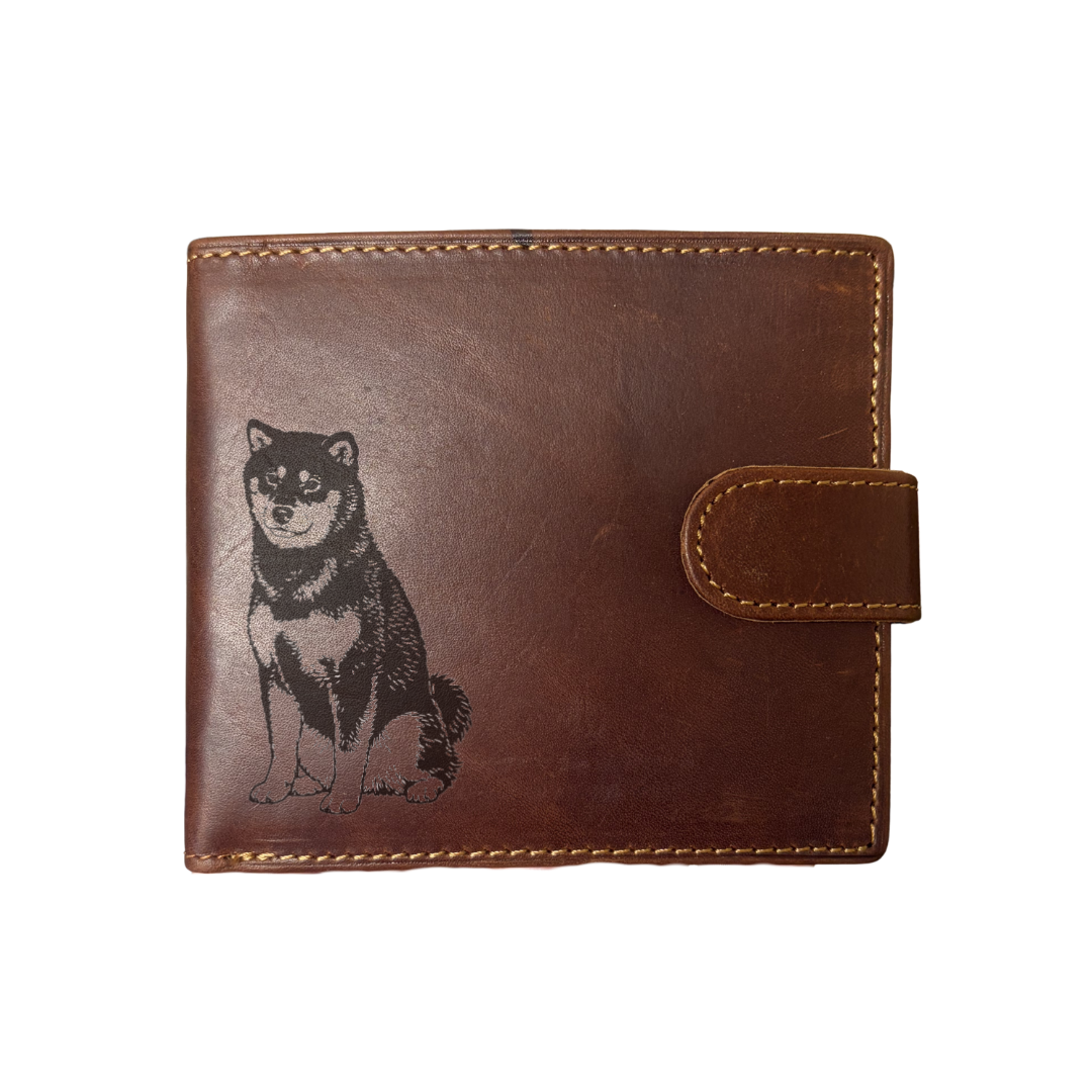 Personalised Japanese Shiba Inu Sitting Engraved Dark Tan Genuine Leather Wallet