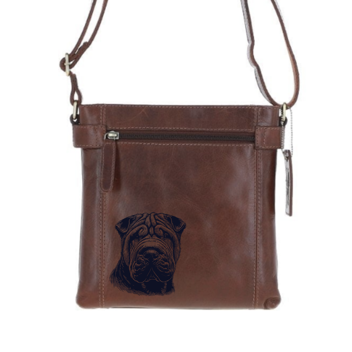 Shar Pei Face Engraved Leather Two Section Zip Top Crossbody Bag