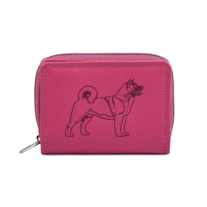 Akita Standing Engraved Small Leather Purse (Green/Pink/Blue/Red)