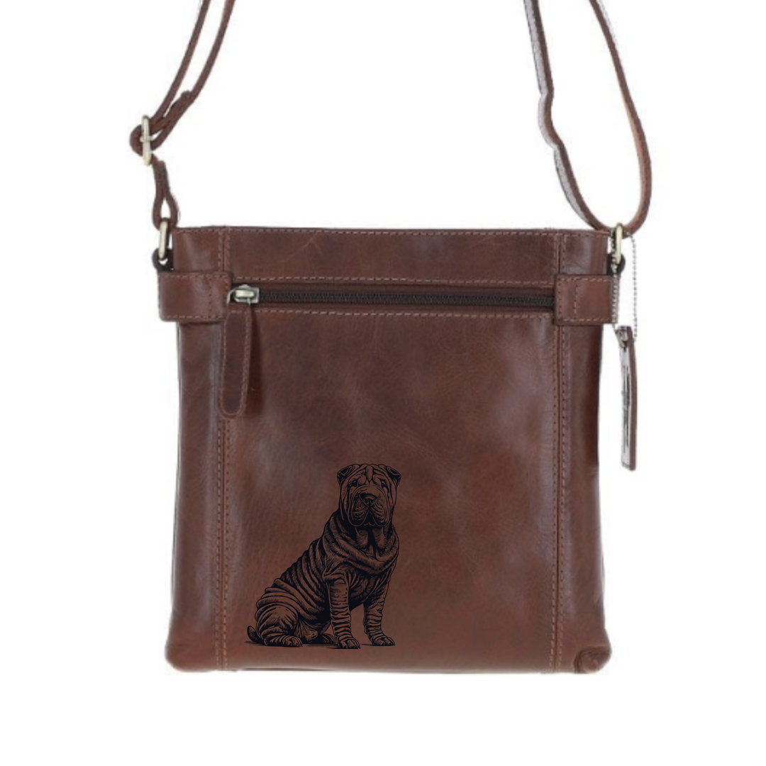 Shar Pei Sitting Engraved Leather Two Section Zip Top Crossbody Bag