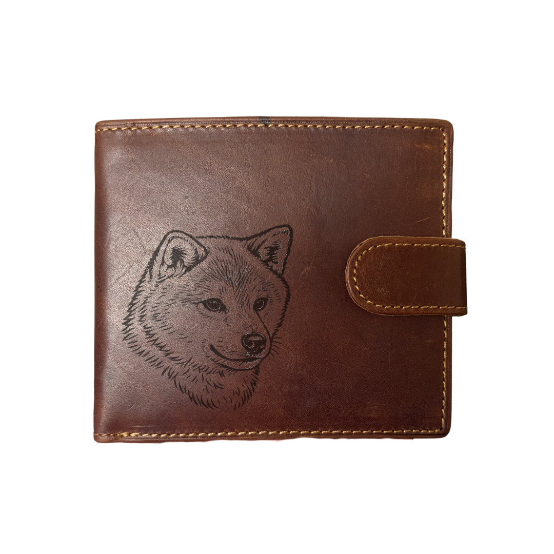 Personalised Japanese Shiba Inu Face Engraved Dark Tan Genuine Leather Wallet
