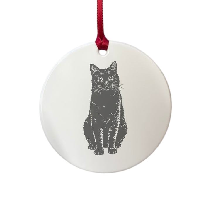 Personalised Black Cat Sitting Engraved White Acrylic Decoration
