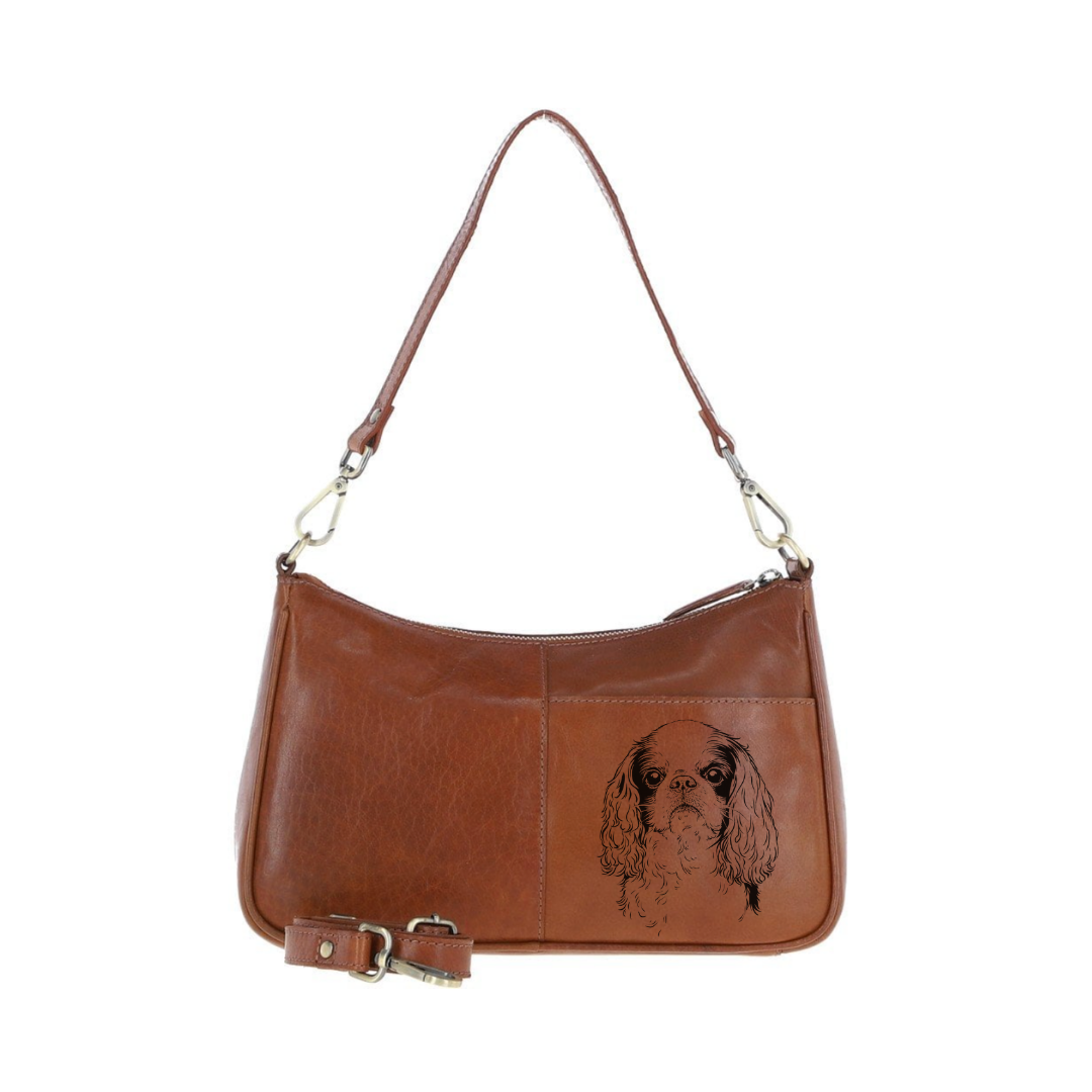 King Charles Spaniel Face Engraved Genuine Leather Shoulder Bag
