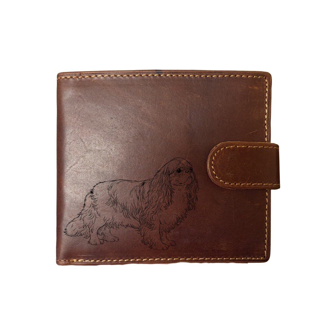Personalised King Charles Spaniel Standing Engraved Dark Tan Genuine Leather Wallet