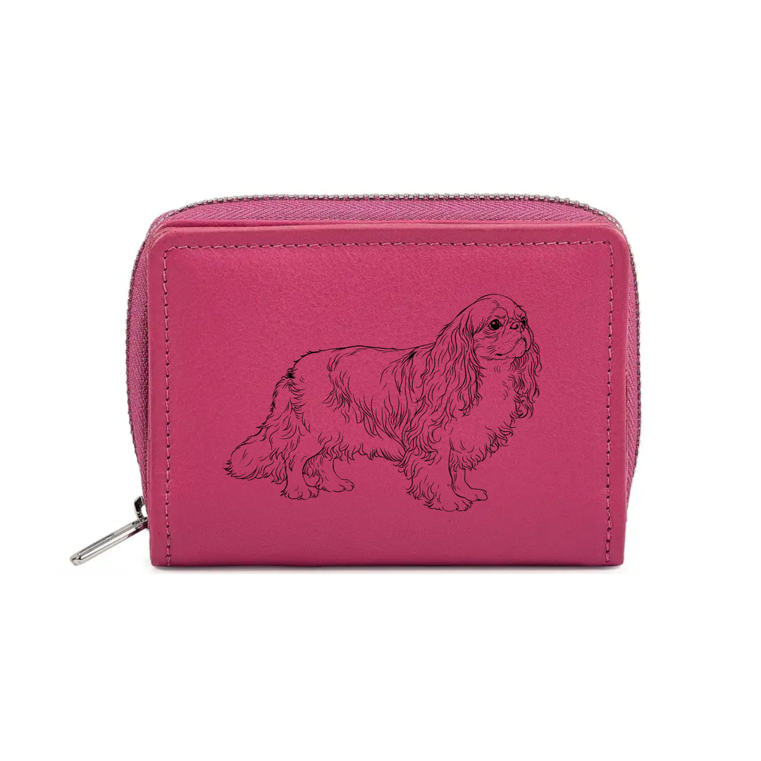 King Charles Spaniel Standing Engraved Small Leather Purse (Green/Pink/Blue/Red)
