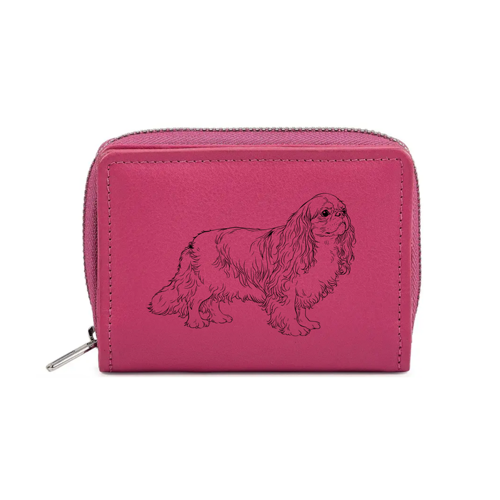 King Charles Spaniel Standing Engraved Small Leather Purse (Green/Pink/Blue/Red)
