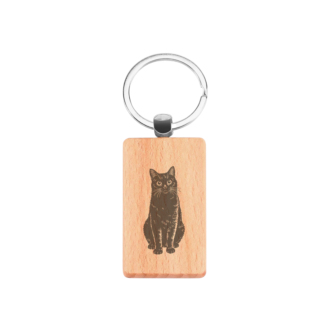 Black Cat Sitting Engraved Rectangle Wooden Keyring