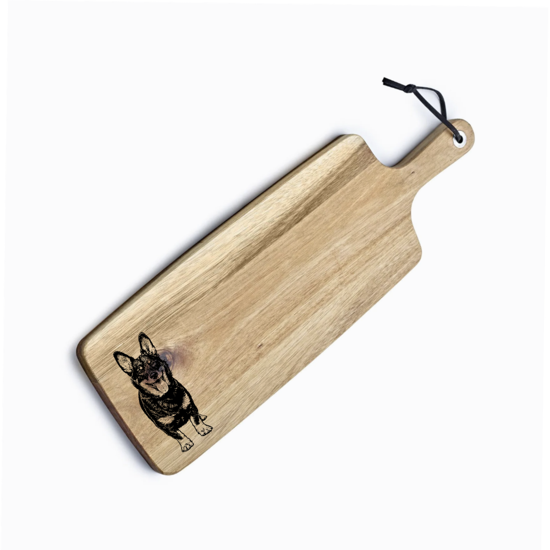 Personalised Standing Lancashire Heeler Engraved Acacia Serving Board