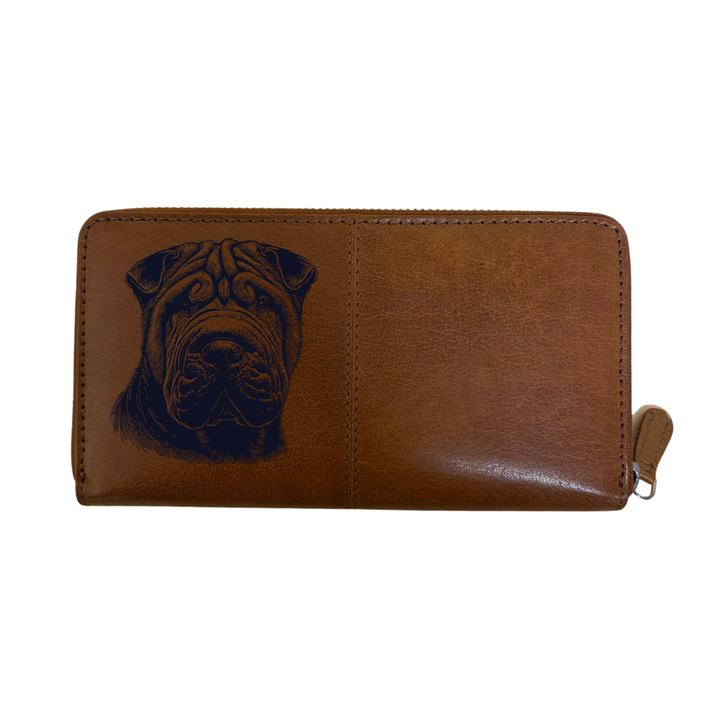Shar Pei Face Engraved Large Leather Purse