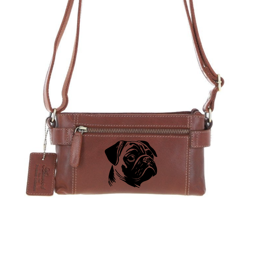 Personalised Pug Face Engraved Small Leather Two Section Zip Top Crossbody Bag