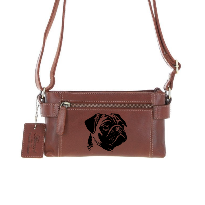 Personalised Pug Face Engraved Small Leather Two Section Zip Top Crossbody Bag