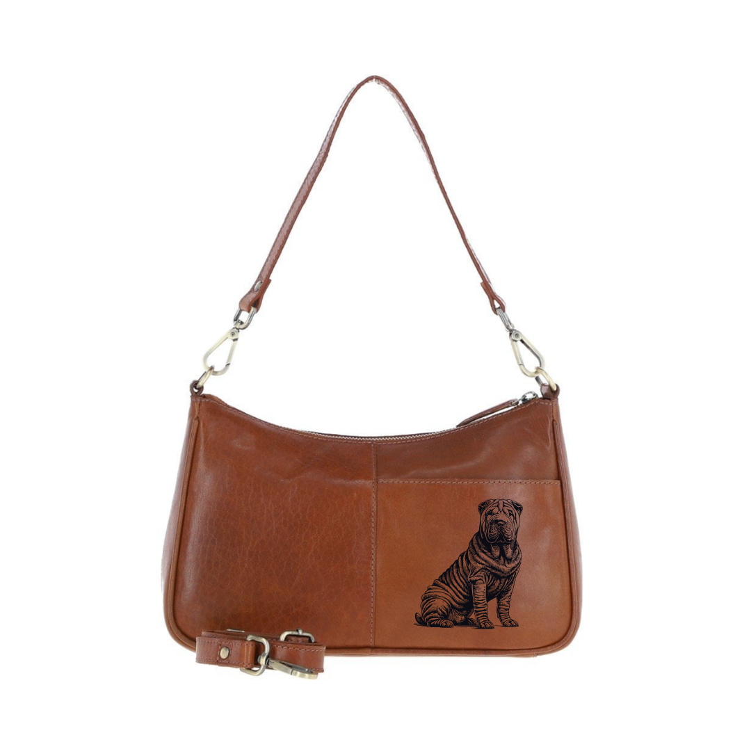 Shar Pei Sitting Engraved Genuine Leather Shoulder Bag