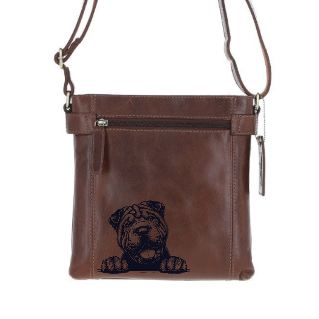 Shar Pei Paws Engraved Leather Two Section Zip Top Crossbody Bag