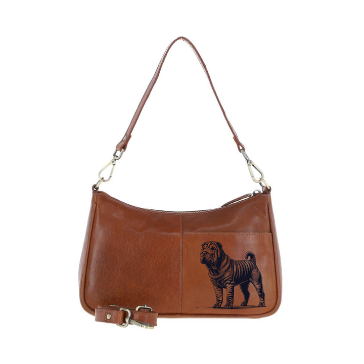 Shar Pei Standing Engraved Genuine Leather Shoulder Bag