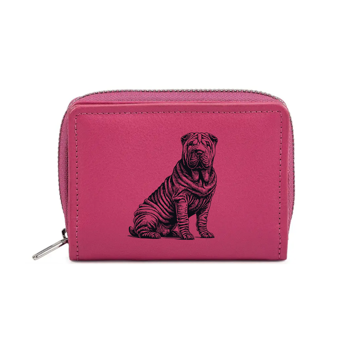 Shar Pei Sitting Engraved Small Leather Purse (Green/Pink/Blue/Red)