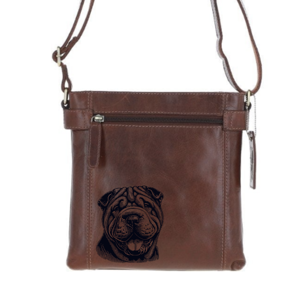 Shar Pei Smiling Face Engraved Leather Two Section Zip Top Crossbody Bag