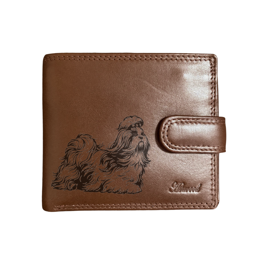 Personalised Shih Tzu Running Engraved Dark Tan Genuine Leather Wallet