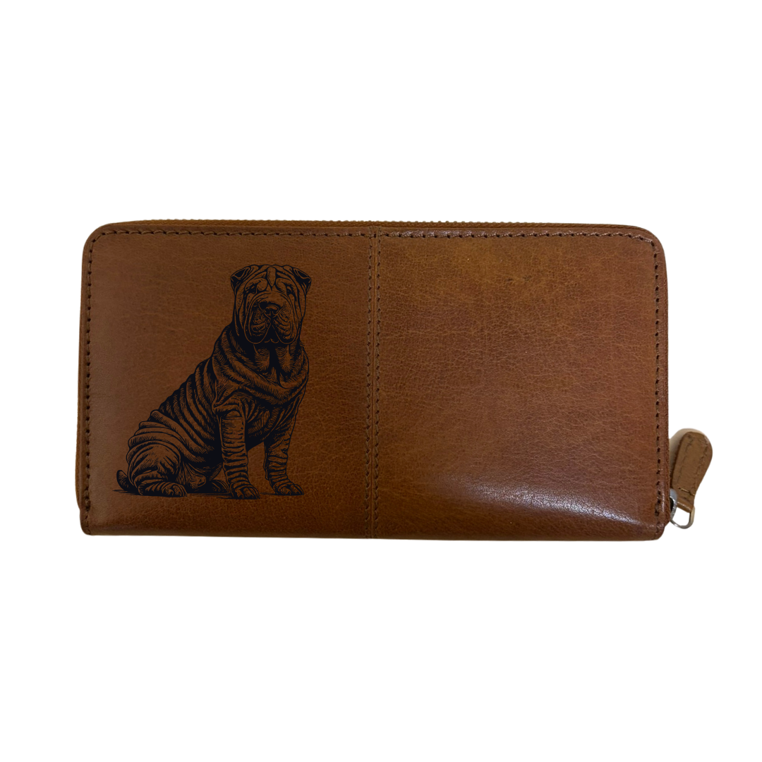 Shar Pei Sitting Engraved Large Leather Purse