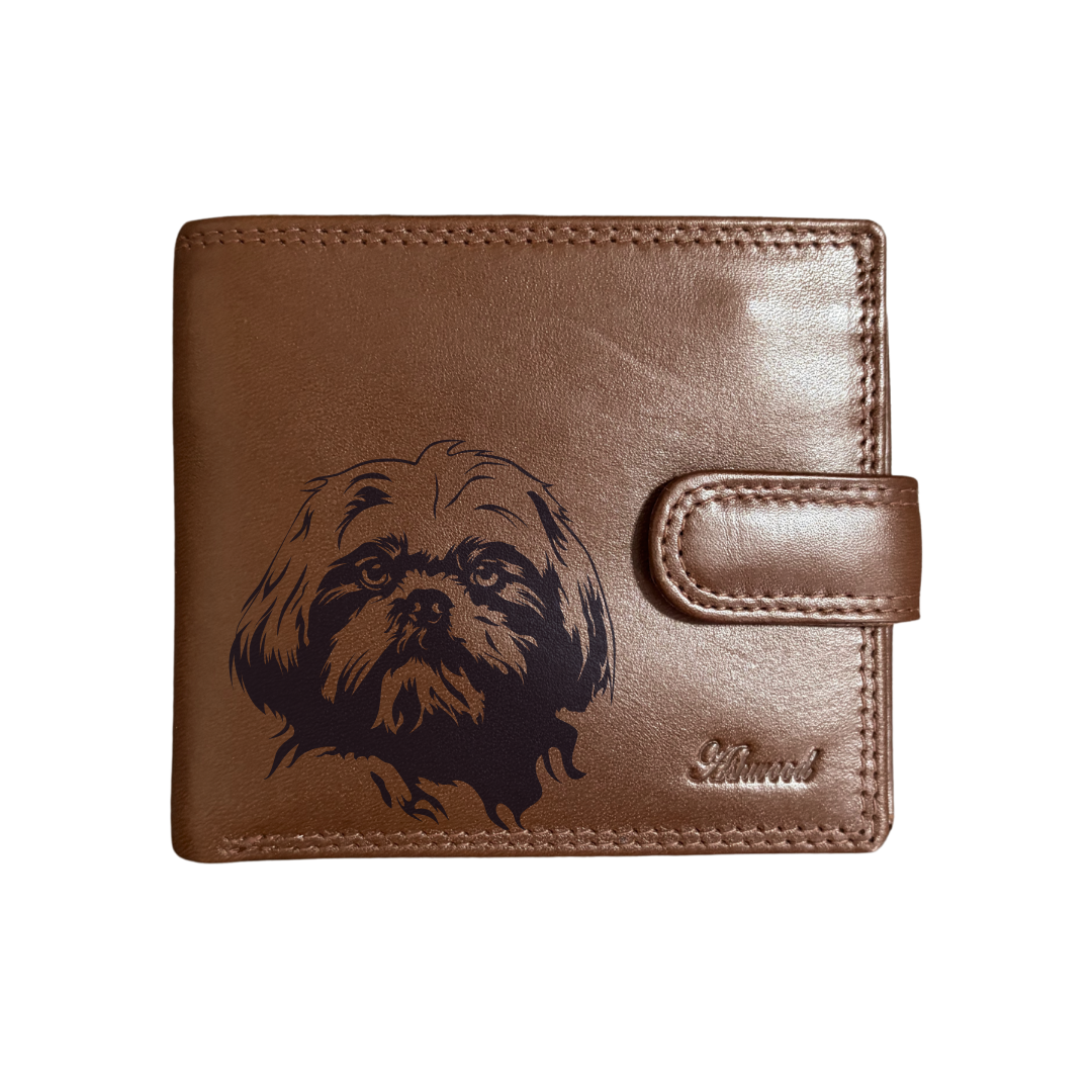 Personalised Shih Tzu Face Engraved Dark Tan Genuine Leather Wallet