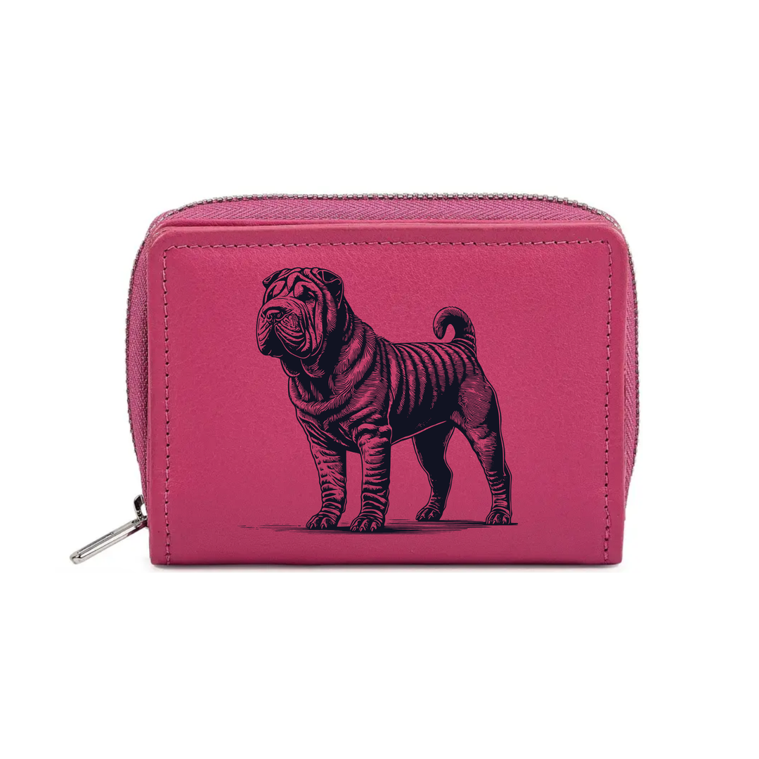 Shar Pei Standing Engraved Small Leather Purse (Green/Pink/Blue/Red)