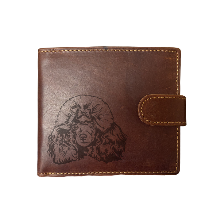 Personalised Poodle Face Engraved Dark Tan Genuine Leather Wallet