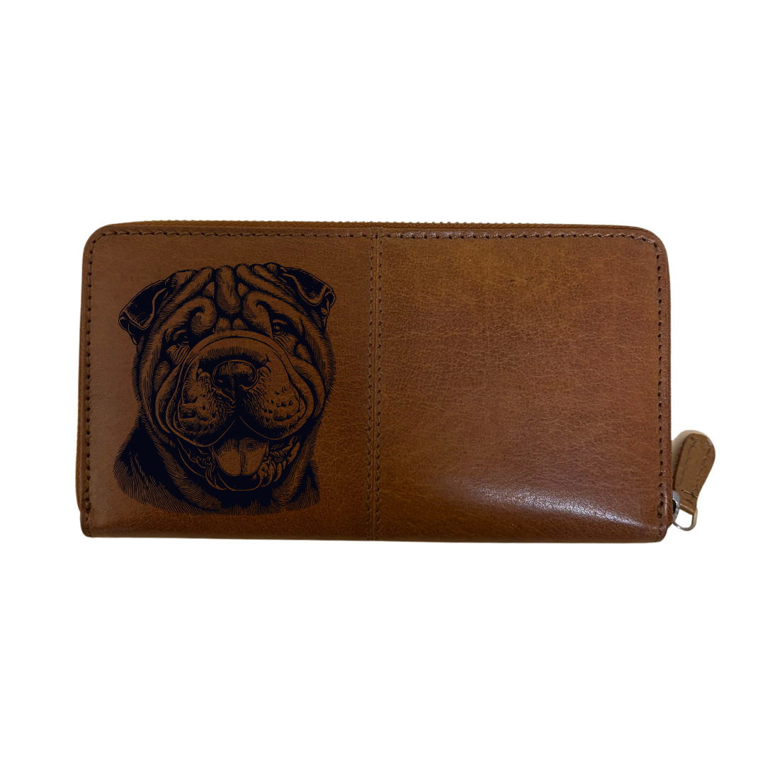 Shar Pei Smiling Face Engraved Large Leather Purse