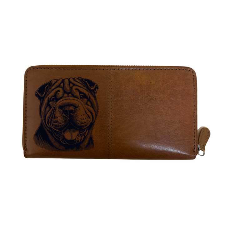 Shar Pei Smiling Face Engraved Large Leather Purse