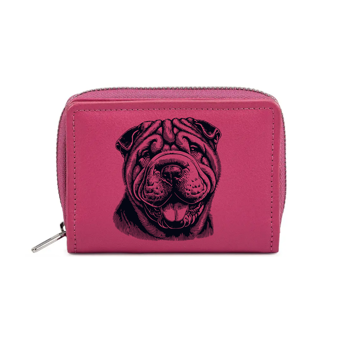 Shar Pei Smiling Face Engraved Small Leather Purse (Green/Pink/Blue/Red)