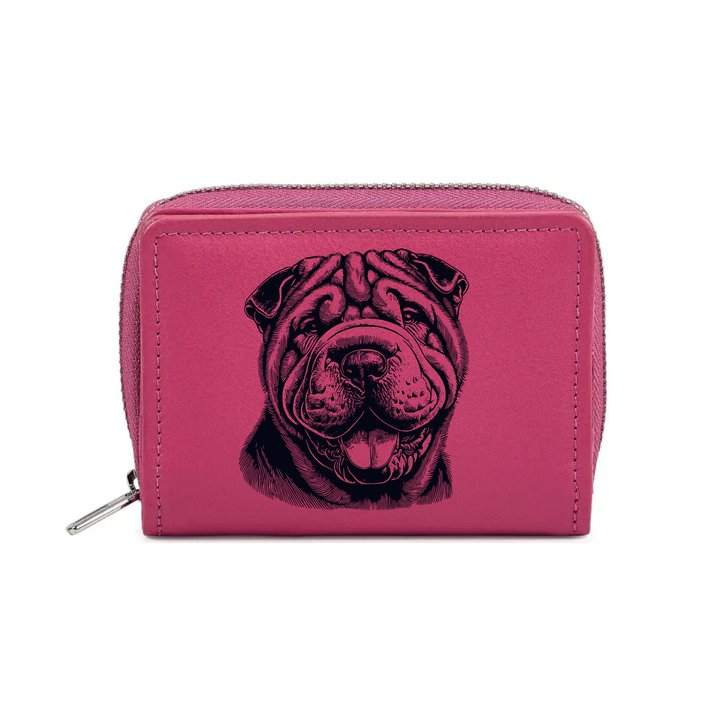 Shar Pei Smiling Face Engraved Small Leather Purse (Green/Pink/Blue/Red)