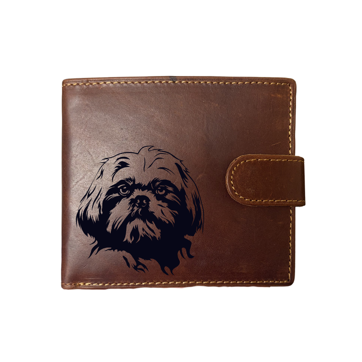 Personalised Shih Tzu Face Engraved Dark Tan Genuine Leather Wallet
