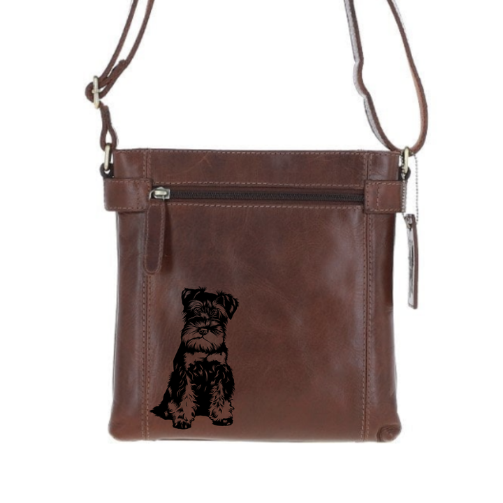 Miniature Schnauzer Engraved Leather Two Section Zip Top Crossbody Bag