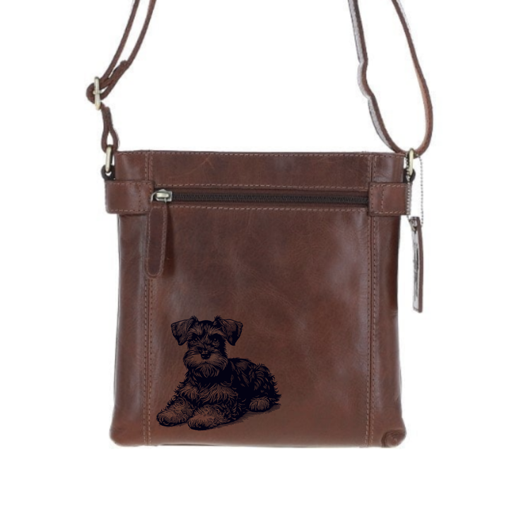 Miniature Schnauzer Lying Down Engraved Leather Two Section Zip Top Crossbody Bag