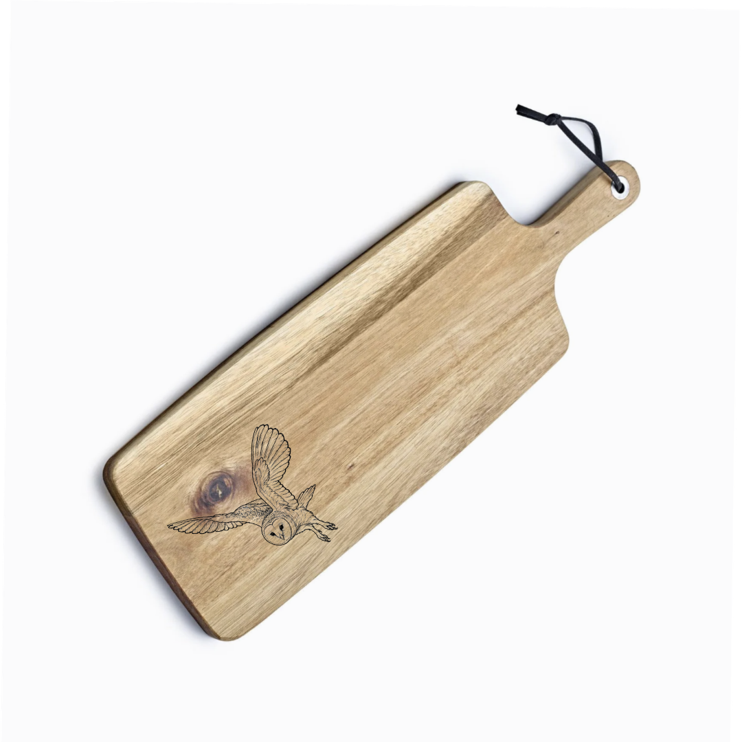 Personalised Flying Barn Owl Engraved Acacia Serving Board
