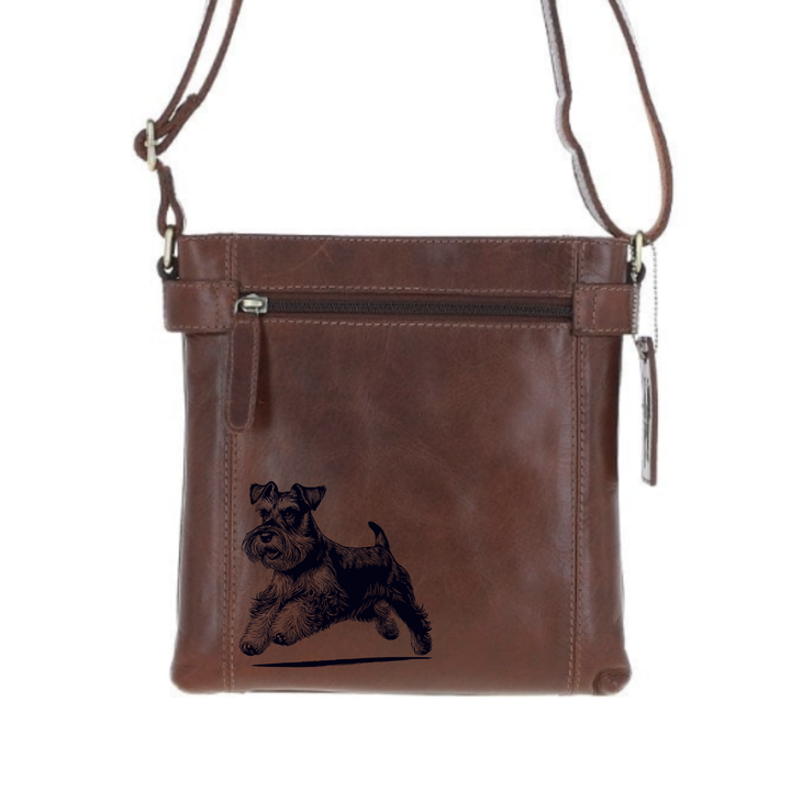 Miniature Schnauzer Running Engraved Leather Two Section Zip Top Crossbody Bag