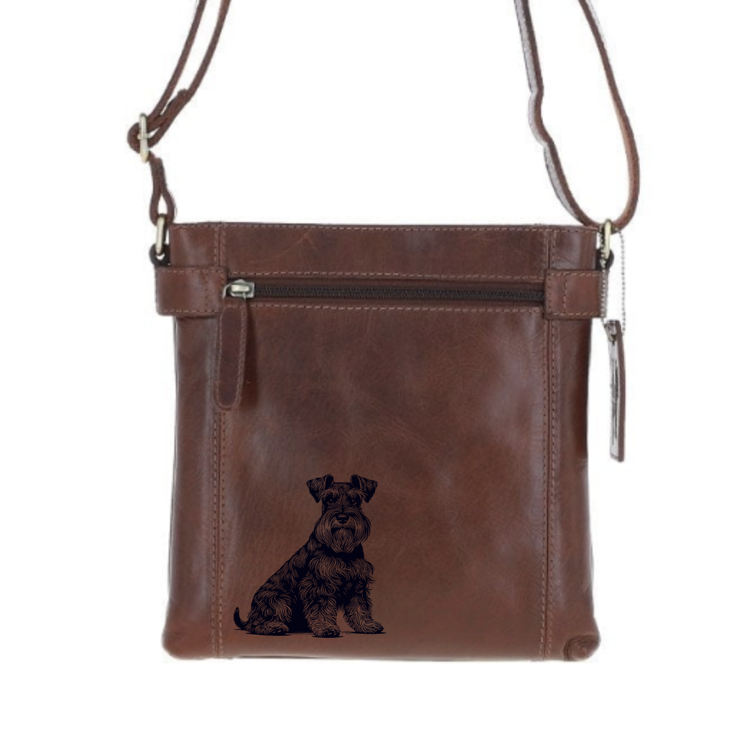 Miniature Schnauzer Sitting Engraved Leather Two Section Zip Top Crossbody Bag