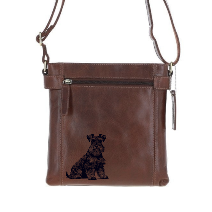 Miniature Schnauzer Sitting Engraved Leather Two Section Zip Top Crossbody Bag