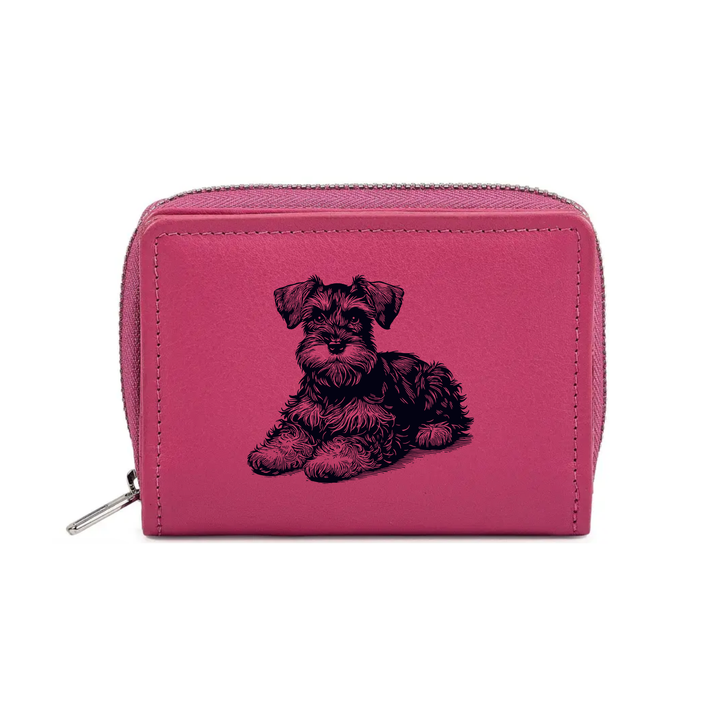 Miniature Schnauzer Lying Down Engraved Small Leather Purse (Green/Pink/Blue/Red)