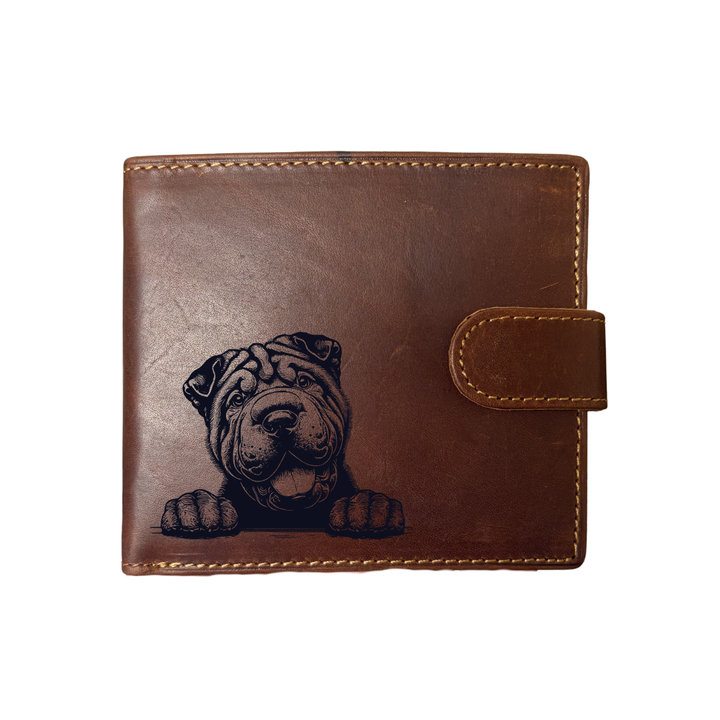 Personalised Shar Pei Face & Paws Engraved Dark Tan Genuine Leather Wallet