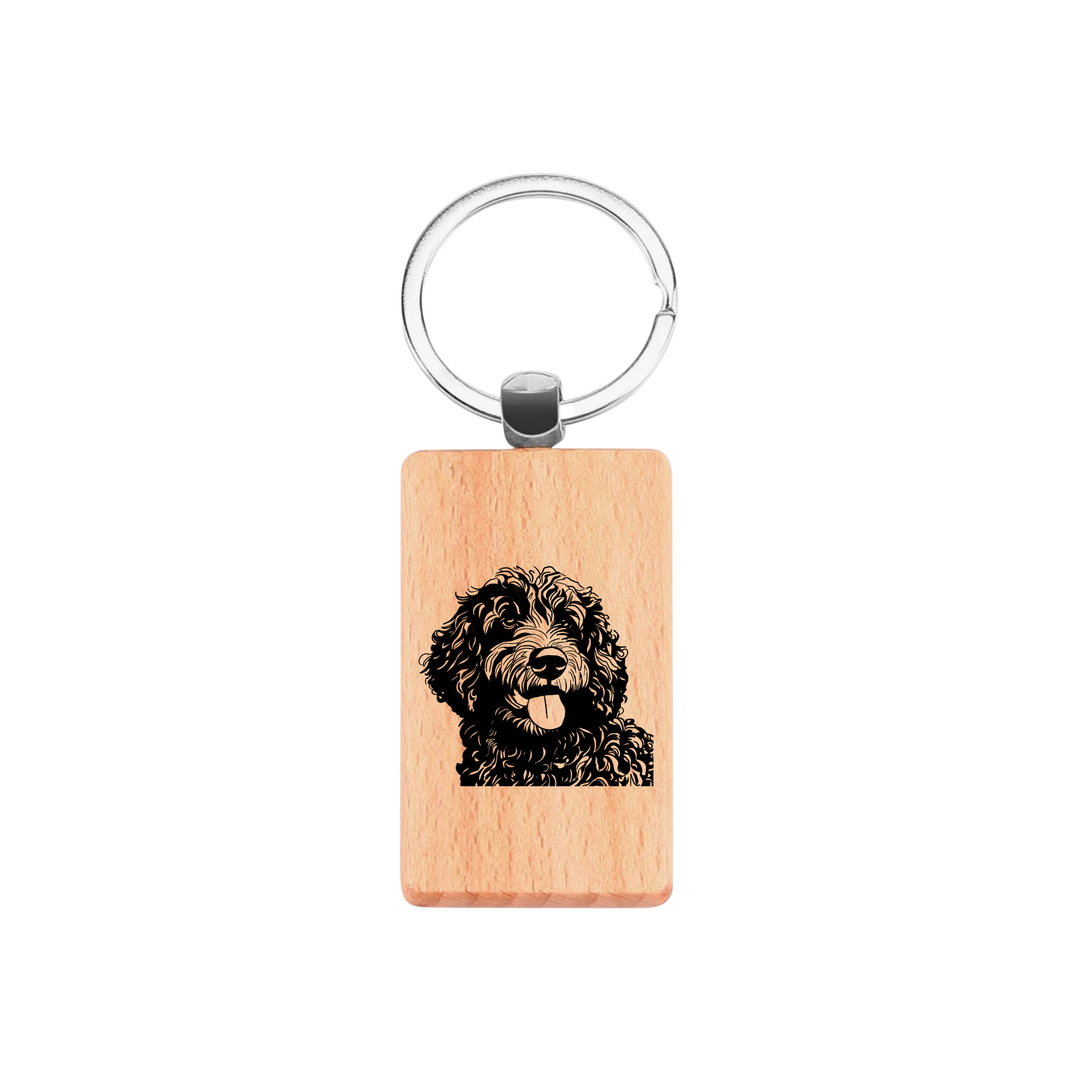 Spanish Water Dog Face Engraved Rectangle Wooden Keyring