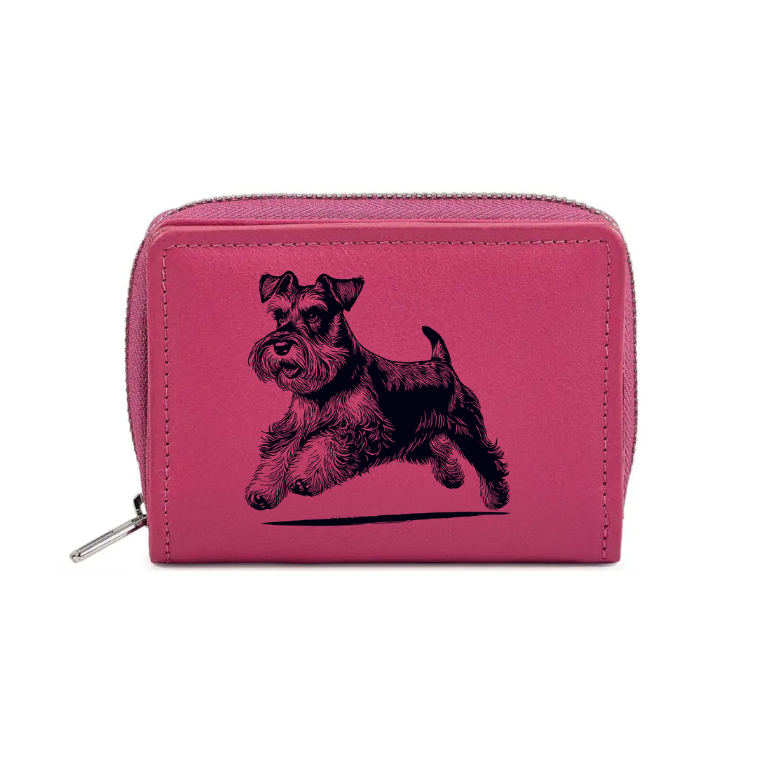 Miniature Schnauzer Running Engraved Small Leather Purse (Green/Pink/Blue/Red)