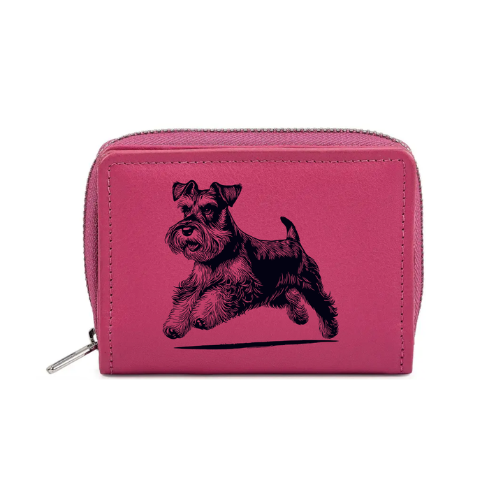 Miniature Schnauzer Running Engraved Small Leather Purse (Green/Pink/Blue/Red)