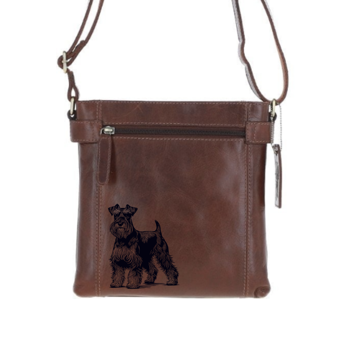 Miniature Schnauzer Standing Engraved Leather Two Section Zip Top Crossbody Bag