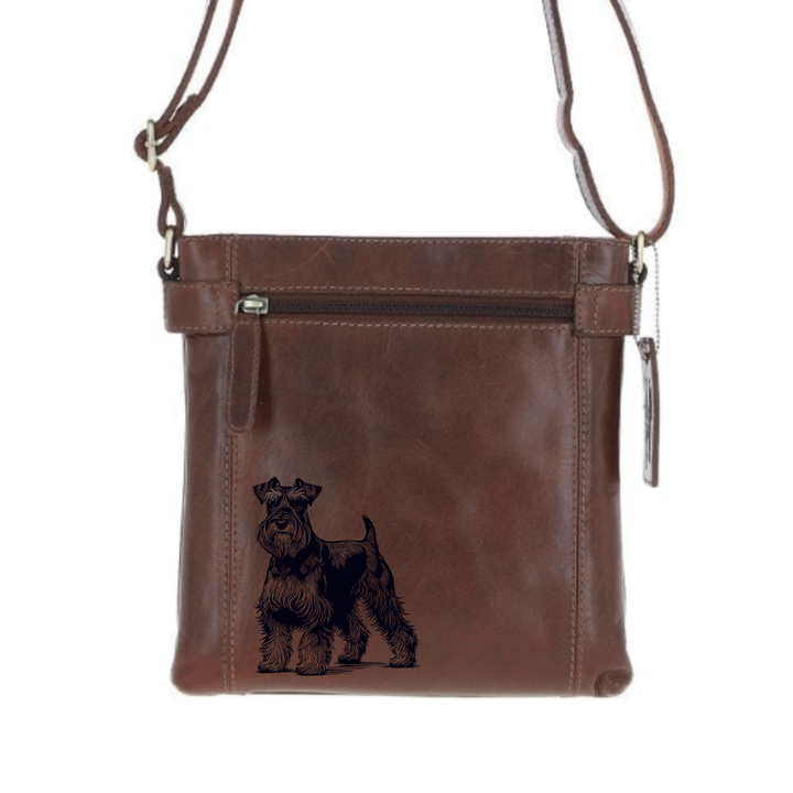 Miniature Schnauzer Standing Engraved Leather Two Section Zip Top Crossbody Bag