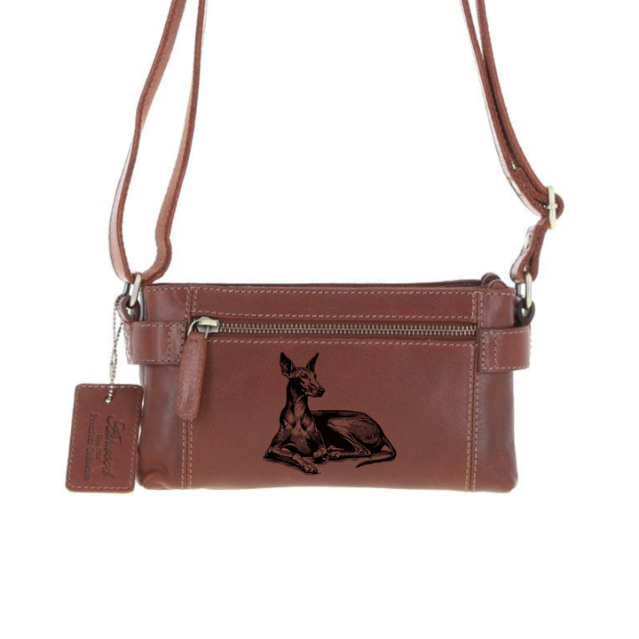 Personalised Pharaoh Hound LD Engraved Small Leather Two Section Zip Top Crossbody Bag