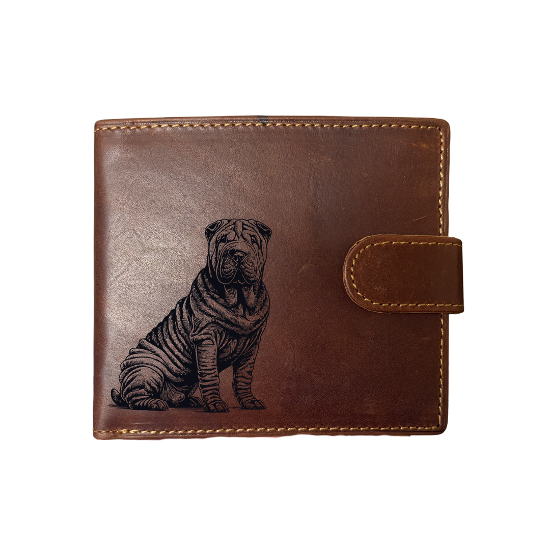 Personalised Shar Pei Sitting Engraved Dark Tan Genuine Leather Wallet