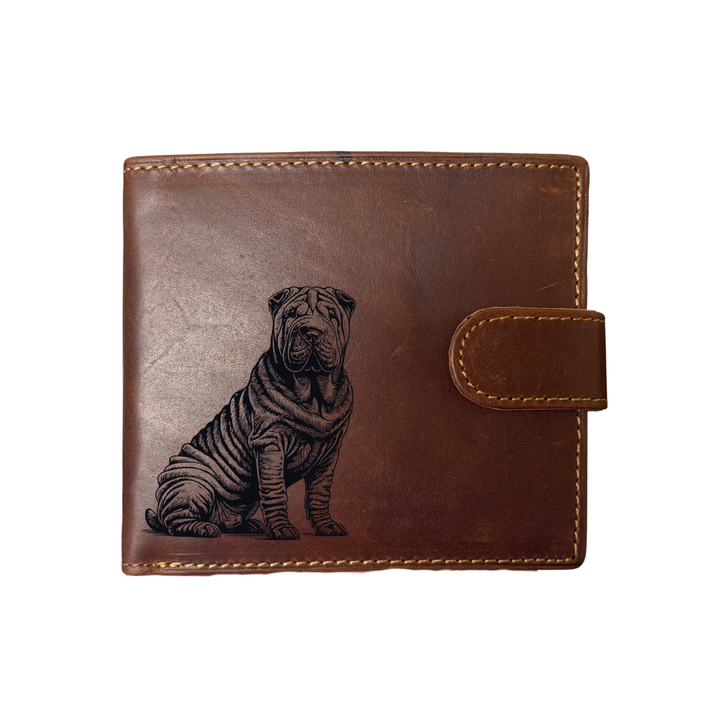 Personalised Shar Pei Sitting Engraved Dark Tan Genuine Leather Wallet