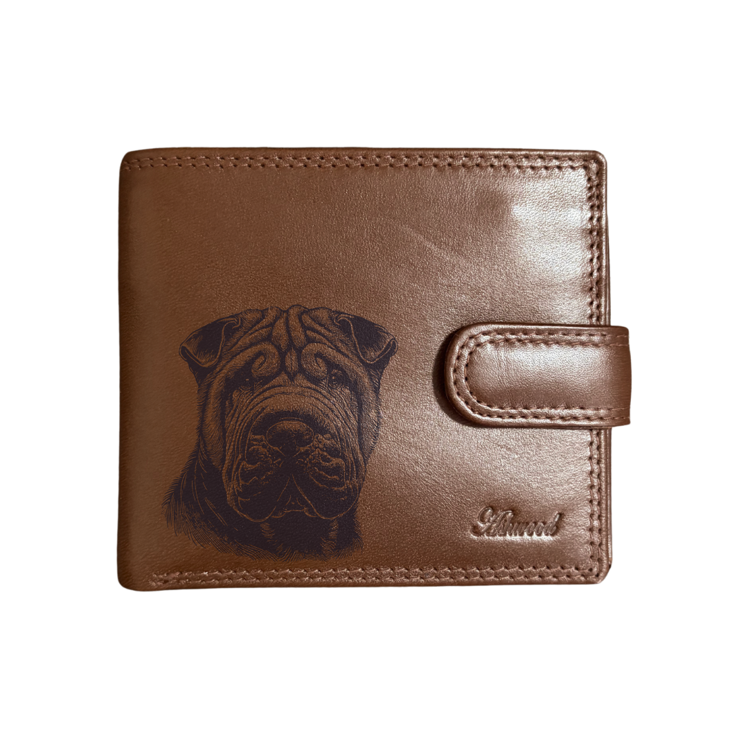 Personalised Shar Pei Face Engraved Dark Tan Genuine Leather Wallet